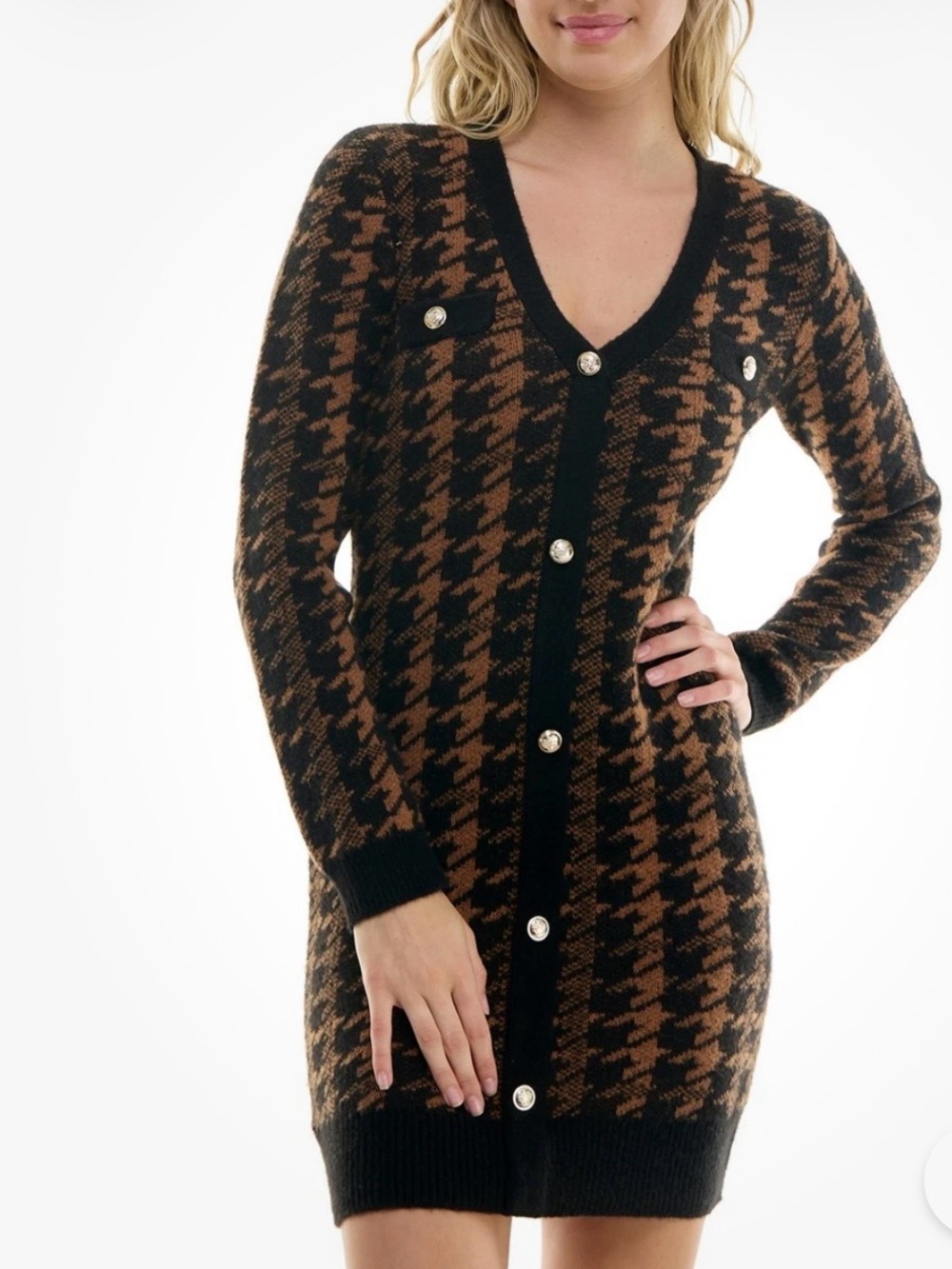 BCX Juniors Houndstooth Knit V-Neck Cardigan Sweater Dress Brown Black XL
